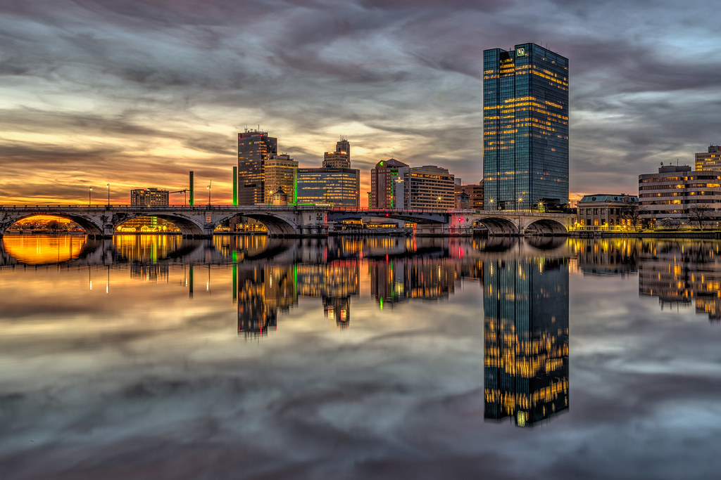 Downtown Toledo skyline reflected in the Maumee River, in black and white