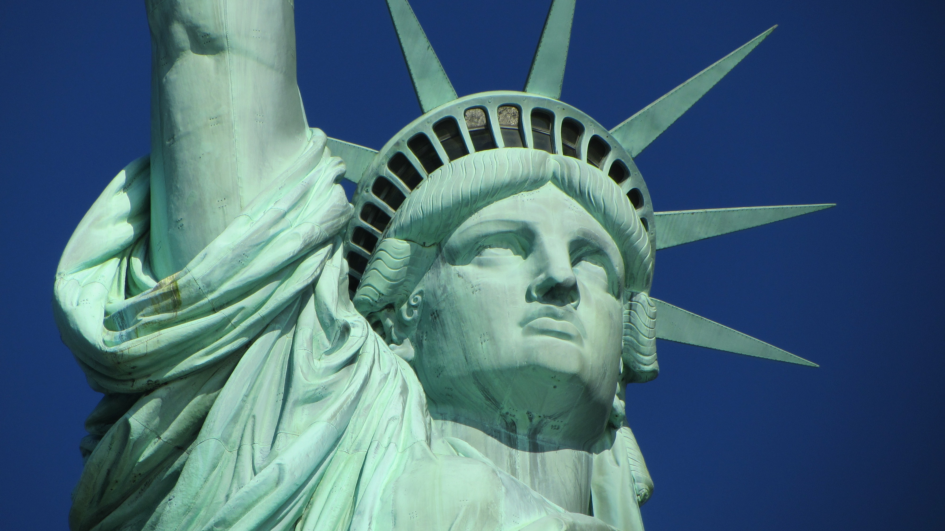 Close-up of the Statue of Liberty in black and white
